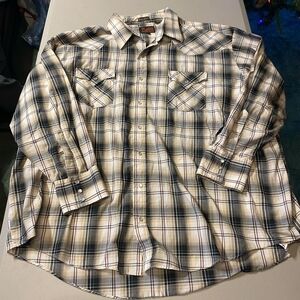 Plains Western Wear Big Man Plaid Pearl Snap Collared Shirt Men's 3X White Blue